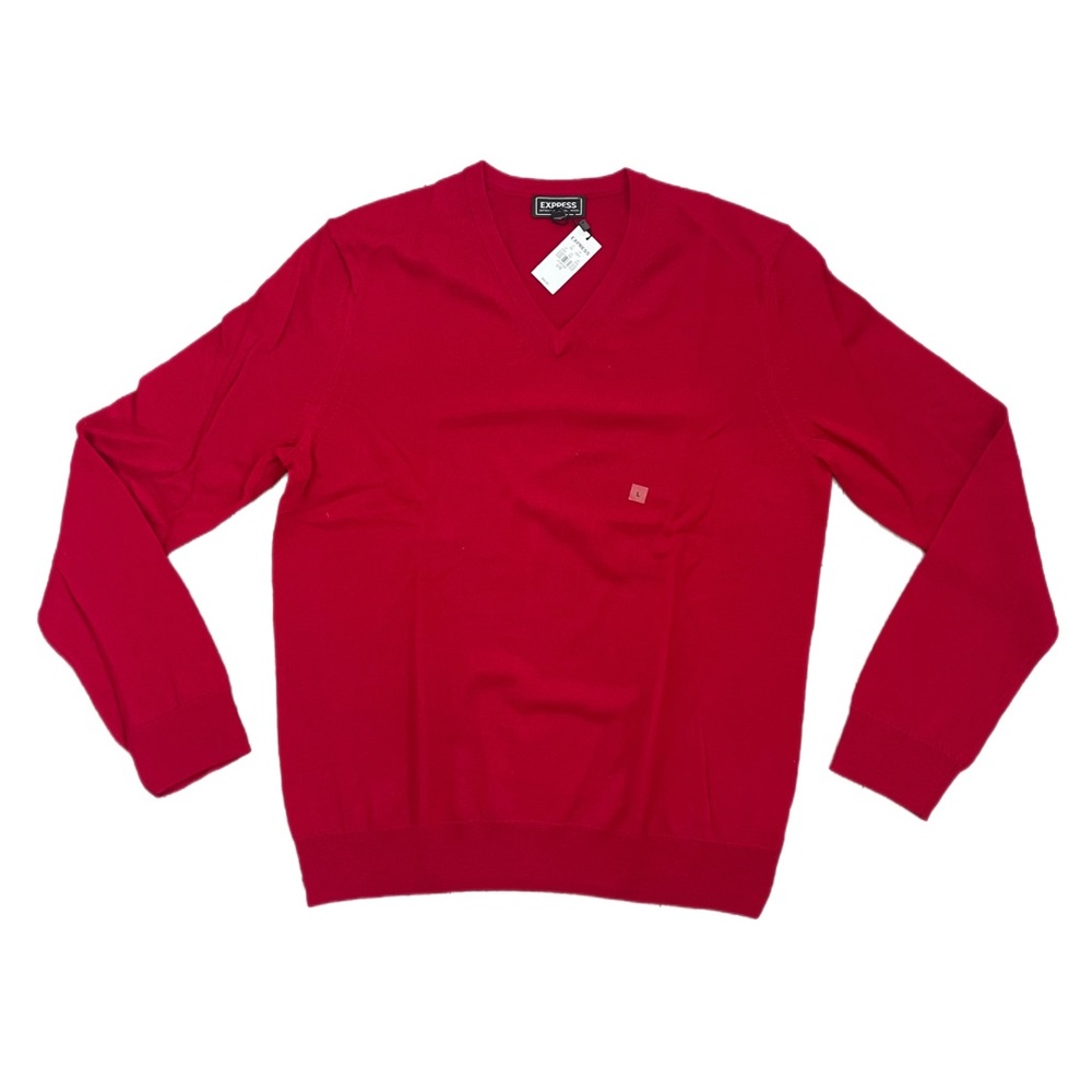 Express Men’s L concord red merino wool v-neck pullover sweater NWT